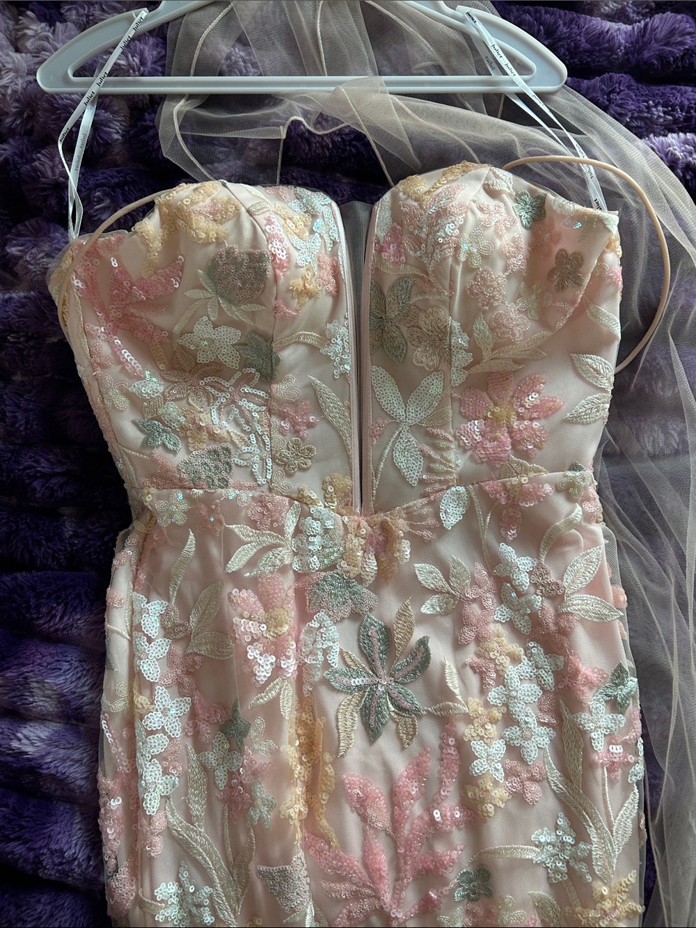 Strapless Blush Pink Floral Sequin Prom Dress